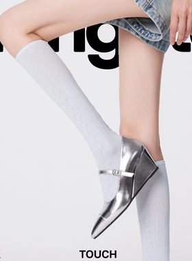 蓝色长筒袜女夏薄款甜美少女菱格jk袜子棉网眼透气舒适小腿袜