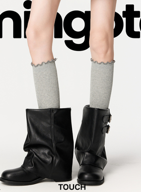 mingoto弥构灰色miu系花边小腿袜女袜子秋冬木耳边长筒袜配靴子