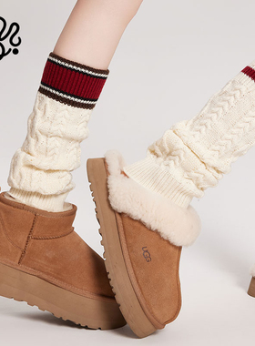 秋冬白色针织袜套堆堆袜配雪地靴子甜美麻花纹拼色长筒袜小腿袜女