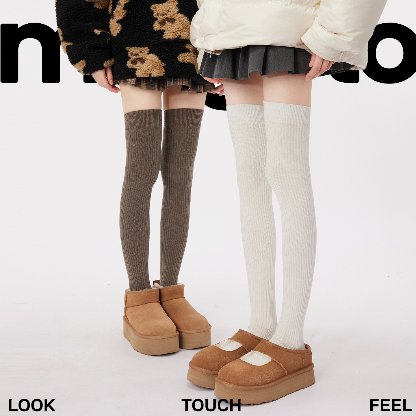 白色防下滑过膝袜保暖配雪地靴女