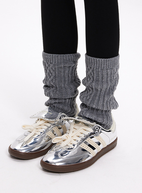 mingoto弥构条纹袜套秋冬灰色复古麻花堆堆袜女日系针织保暖腿套