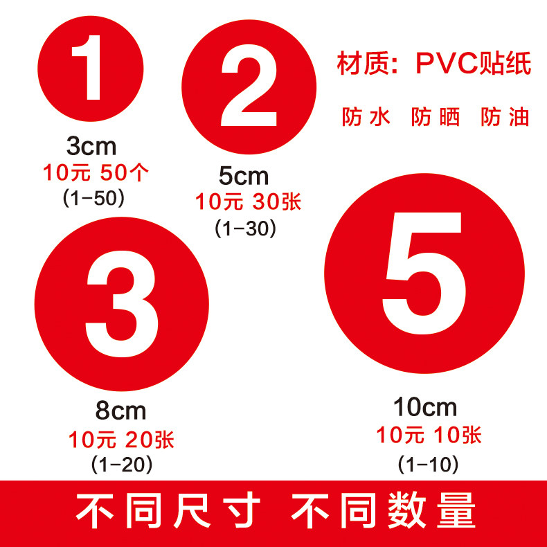 号码贴防水数字贴餐桌编号标贴PVC贴纸机器编号贴不干胶标签参赛选手贴鞋子尺码贴创意提示贴玻璃贴定制定做