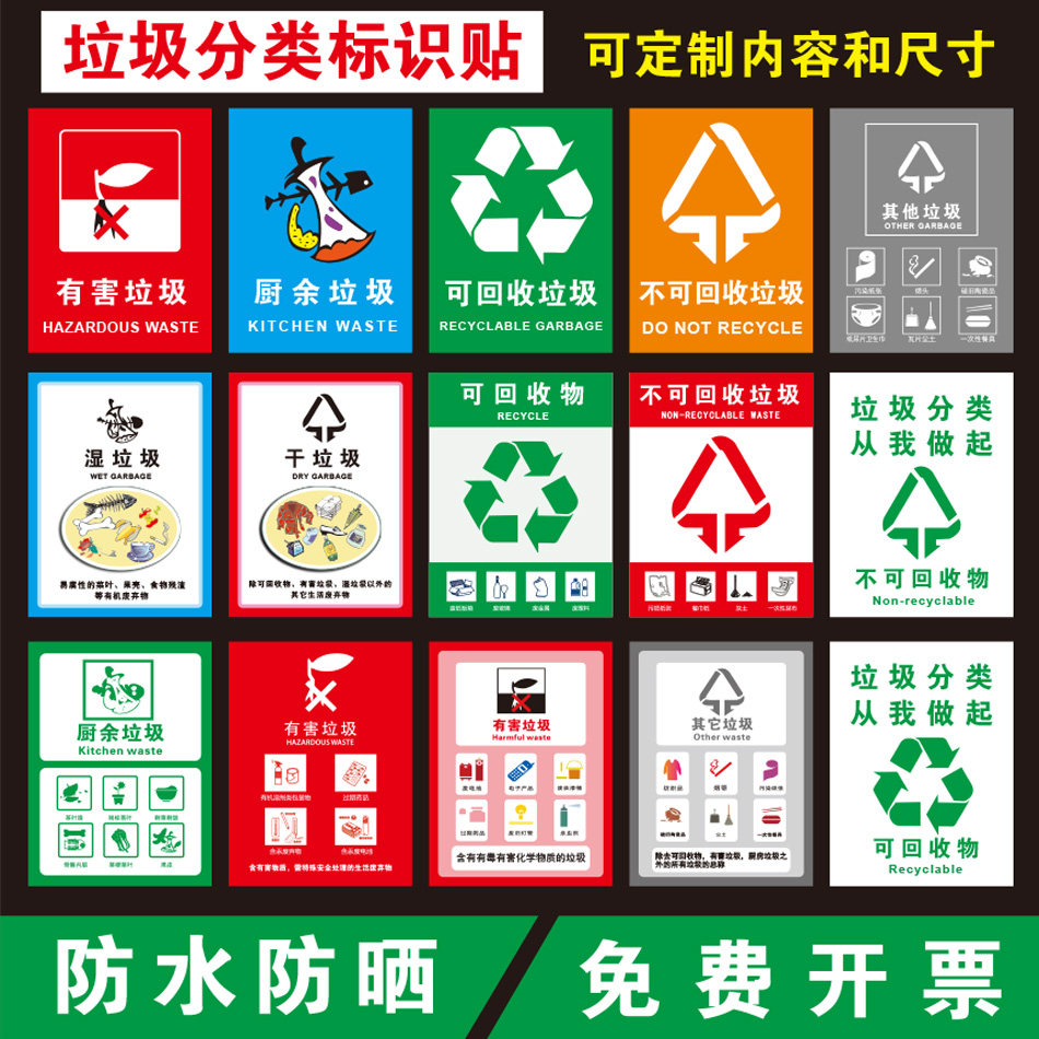 回收废弃物厨余垃圾干湿垃圾危险废物标识牌生活环保垃圾桶箱标贴定制
