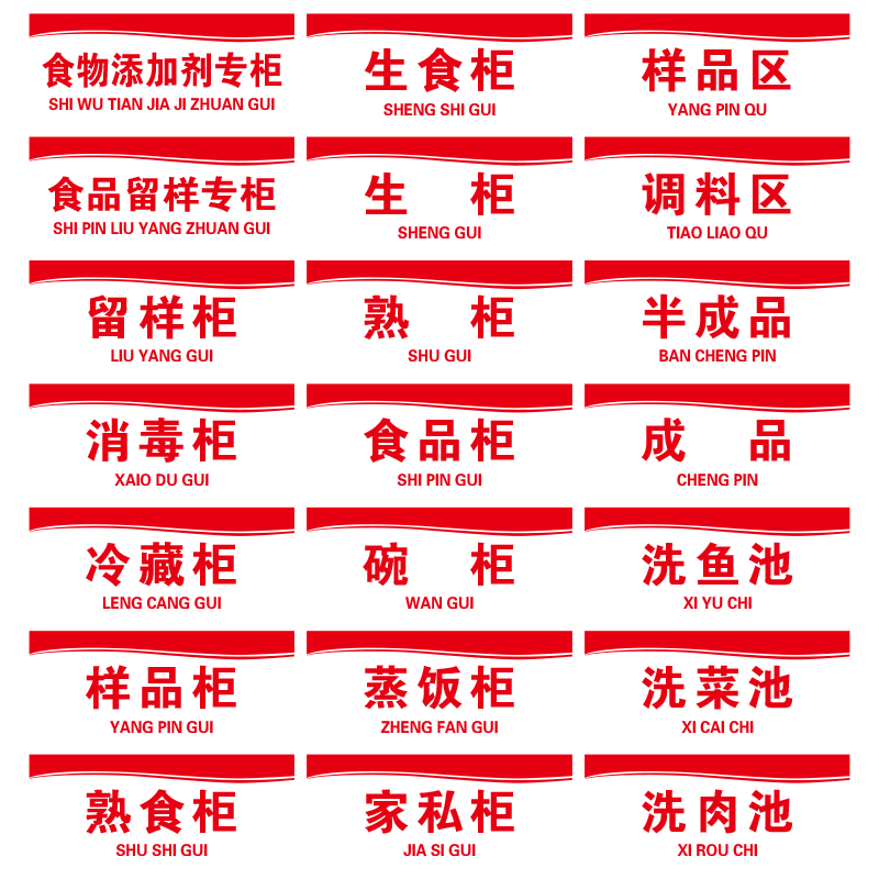 厨房冷藏柜提示牌食品留样专柜生食熟食样品蒸饭消毒柜标识牌PVC防水胶片调料区洗菜洗肉池凉菜间标牌定制