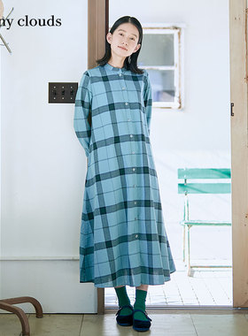 桑妮库拉/Sunny clouds 女式纯棉立领蓝色格子连衣裙