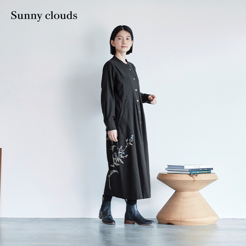 桑妮库拉/Sunny clouds女纯棉菊苣花刺绣装饰连衣裙长裙