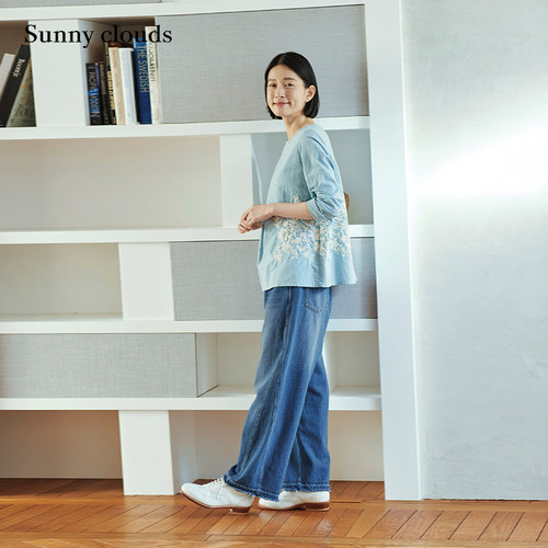 女式纯棉刺绣装饰罩衫（薄荷蓝）