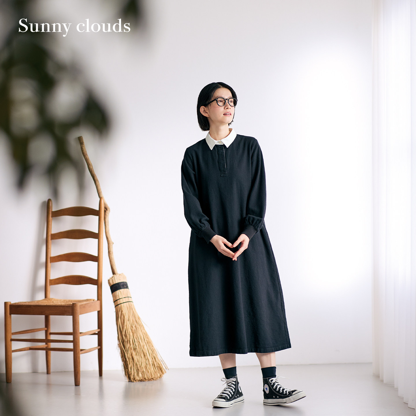 春季新品 桑妮库拉/Sunny clouds纯棉简洁斜纹连衣裙黑白撞色长裙