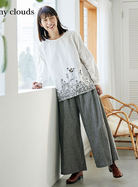 Sunny clouds Shuttle Notes日本面料 女式棉麻黑白格阔腿裤