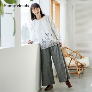 clouds 棉麻黑白格阔腿裤 Shuttle 女式 Notes日本面料 Sunny