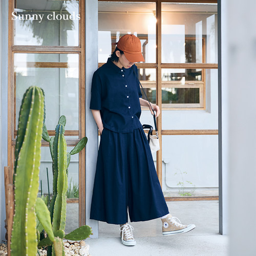 藏蓝色五分袖衬衫短袖