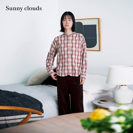 冬季新品 桑妮库拉/Sunny clouds 女式纯棉落肩格子衬衫红色格