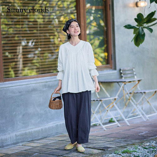 女式棉混V领速干褶皱罩衫
