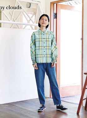 桑妮库拉/Sunny clouds 女式纯棉立领缩褶袖格子衬衫