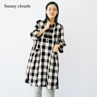 Notes日本面料 Sunny Shuttle 女式 clouds 麻棉黑白格连衣裙