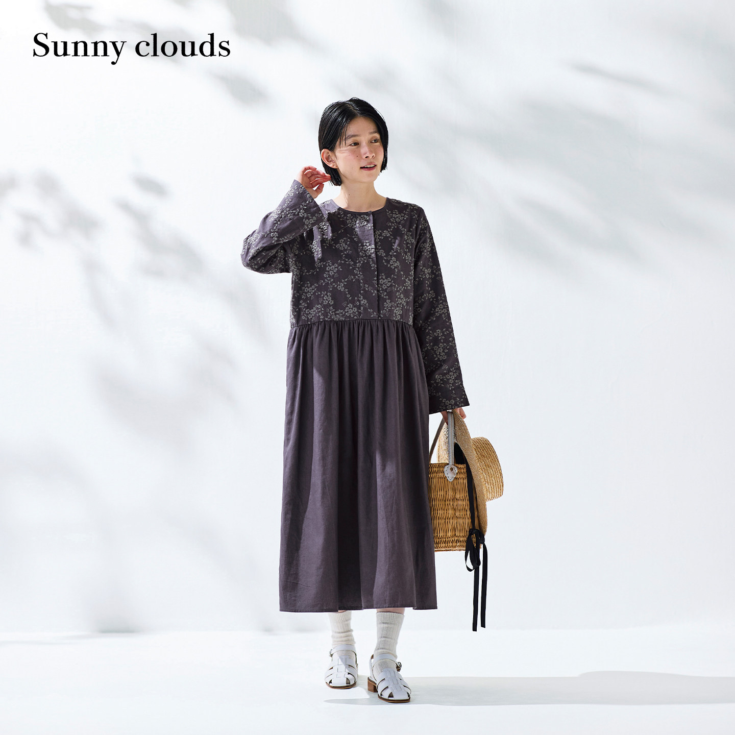 春季新品 桑妮库拉/Sunny clouds 纯棉樱花刺绣连衣裙紫色长裙女