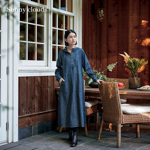 连帽拉链牛仔连衣裙衬衫裙纯棉