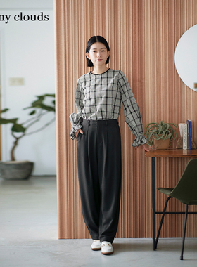 桑妮库拉/Sunny clouds女式纯棉荷叶袖黑白格子罩衫衬衫