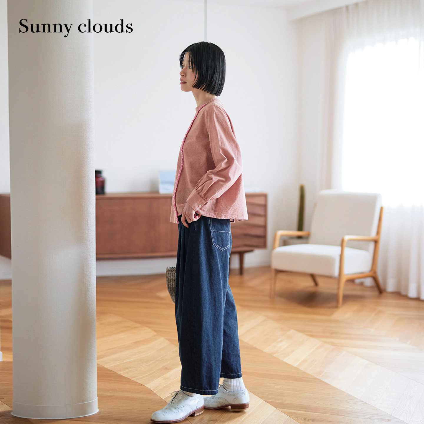 春季新品 Sunny clouds 纯棉高腰九分牛仔气球裤蓝色休闲裤宽松