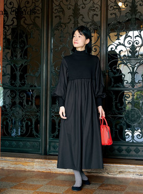 冬季新品 桑妮库拉/Sunny clouds纯棉高领假两件连衣裙黑色长裙女