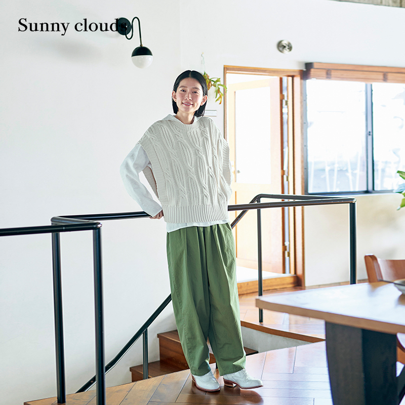 女式纯棉针织绳纹绞花背心日系