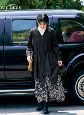 冬季新品 桑妮库拉/Sunny clouds 纯棉V领叠穿刺绣连衣裙黑色长裙