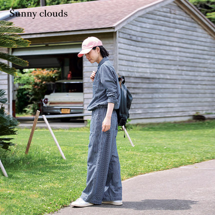 秋季新品 桑妮库拉/Sunny clouds 纯棉条纹阔腿直筒裤日系长裤女