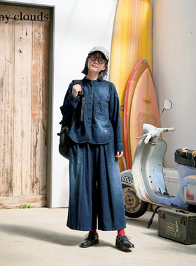 冬季新品 桑妮库拉/Sunny clouds纯棉立领落肩牛仔衬衫宽松上衣女