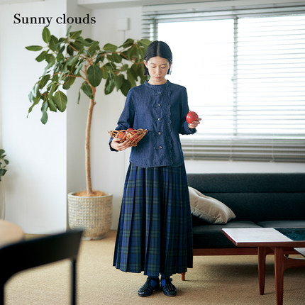 桑妮库拉/Sunny clouds不对称百褶格子半身裙蓝绿裙百搭