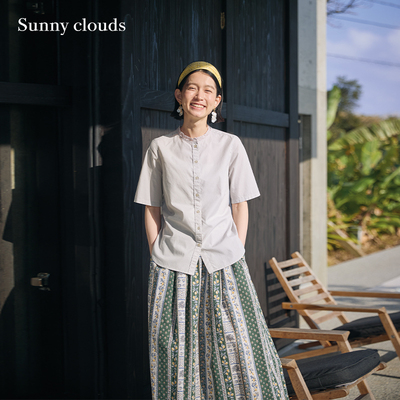 女式纯棉五分袖蕾丝领衬衫浅灰