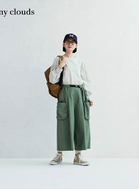 桑妮库拉/Sunny clouds纯棉落肩针织拼接罩衫米灰色上衣