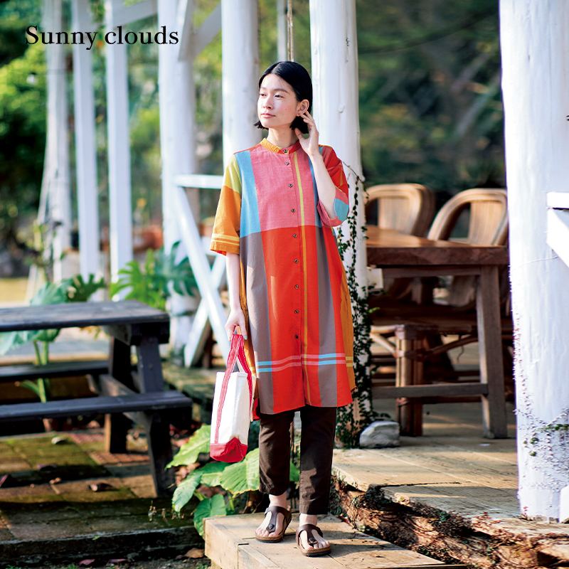 女式纯棉五分袖格子衬衫裙