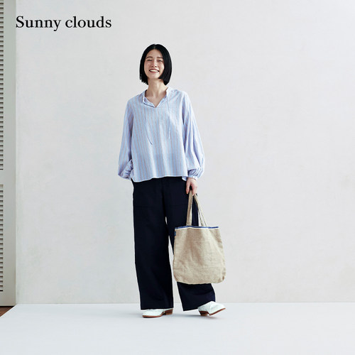 女式纯棉灯笼袖罩衫蓝底橘红条纹