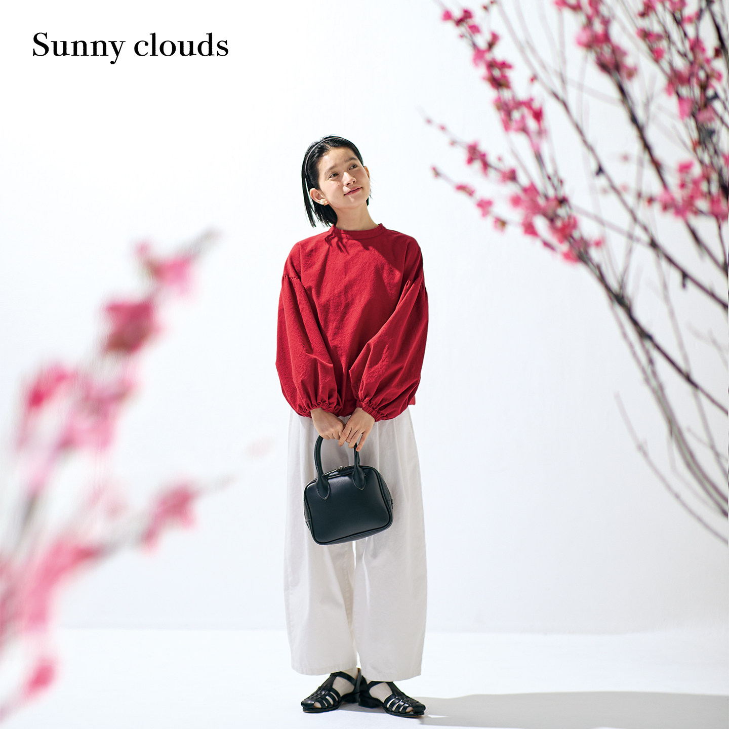 春季新品 桑妮库拉/Sunny clouds女式棉麻立领灯笼袖罩衫日系红色