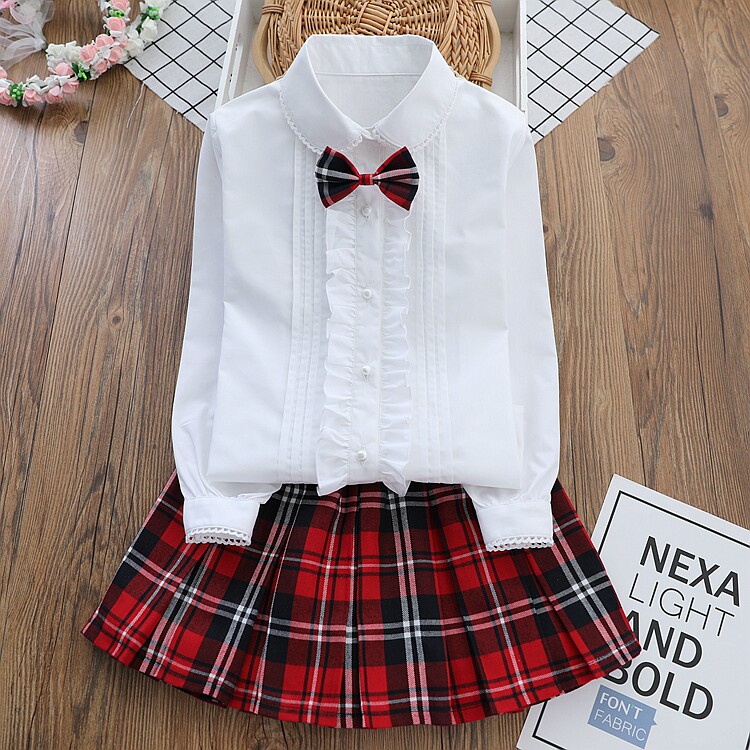 女童纯棉白色格子裙校服衬衫