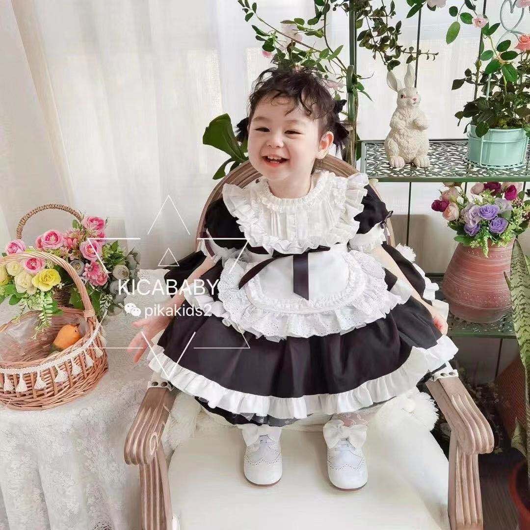 22春季新款西班牙短袖女童公主蕾丝连衣裙女仆宝宝蕾丝蓬蓬裙子