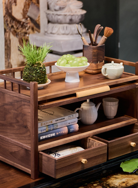 北美黑胡桃木茶具收纳架双层博古架带抽屉中式实木紫砂茶壶置物架