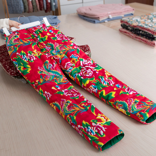 冬季 女士东北大花布老棉裤 外穿保暖裤 子加厚 成人保暖高腰花棉裤