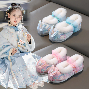 小孩棉鞋女童古风汉服鞋加绒保暖洋气时髦新中式国潮刺绣表演童鞋