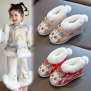 新中式女童汉服鞋加绒宝宝小龙女拜年鞋搭配唐装礼服新年公主棉鞋