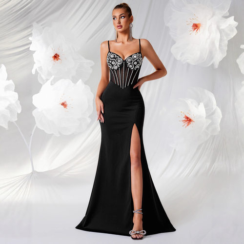 nestone mesh splicing slim fit slit long dinner party dress