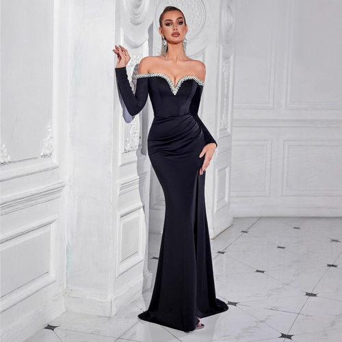 diamond design, long sleeved strapless banquet evening gown