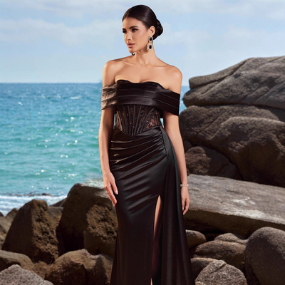 dress satin lace waist cinched slit sexy dinner party dress