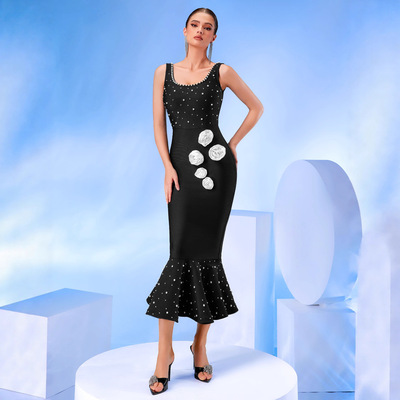 r decoration black bandage dress slim fit dinner tail dress
