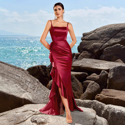 r slit ruffle edge dress dress, banquet party evening dress