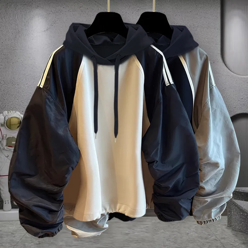 300斤加大码插肩袖设计感连帽运动衫男秋冬季潮宽松加肥条纹卫衣