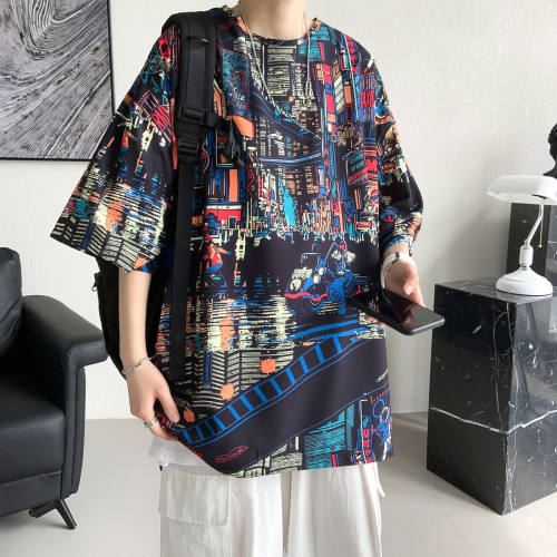 2-300斤大码美式短袖男夏季新款潮牌ins涂鸦满印t恤cityboy上衣服