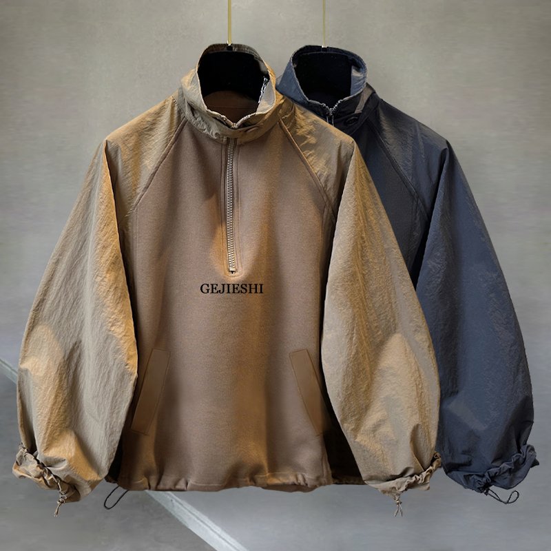 300斤加大码插肩袖立领运动衫男秋冬季韩版潮流拼接宽松加肥夹克