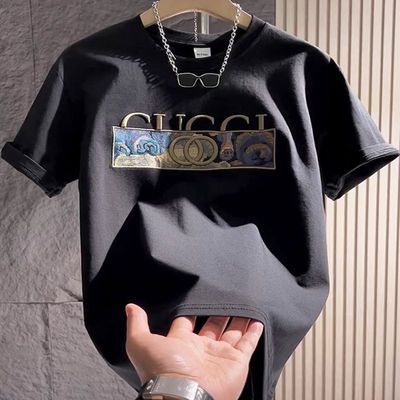 大码300斤2025新款夏季短袖t恤男刺绣欧货潮牌痞帅风半袖潮流上衣
