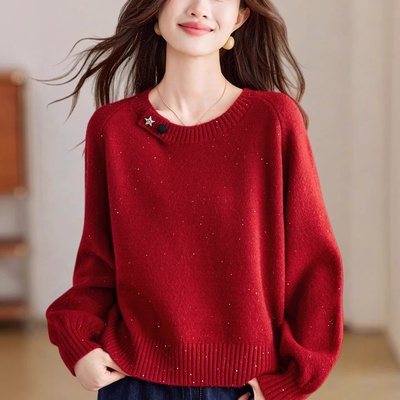 2025本命年慵懒风红色圆领打底衫女长袖秋冬洋气羊毛衫宽松针织